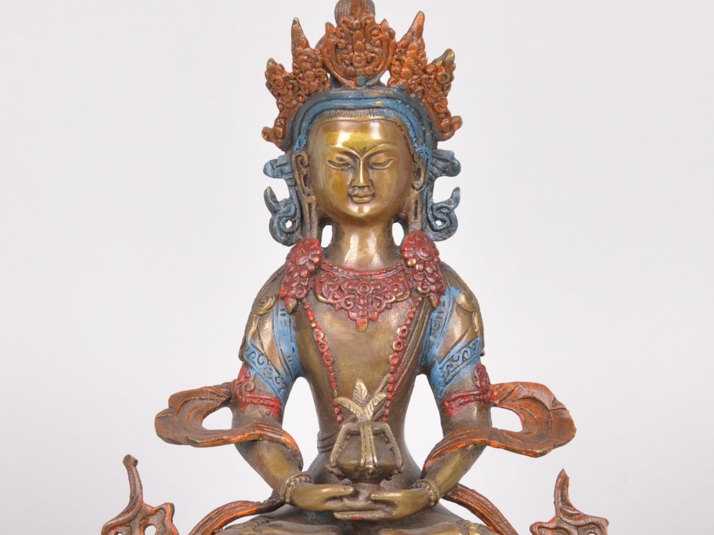 Amitayus Deity Buddha Bronze Painted Sculpture, photo 3 of 8