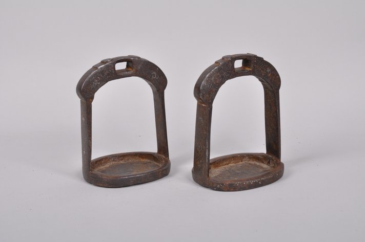 Pair of Bronze Horse Stirrups with Silver Etched Designs