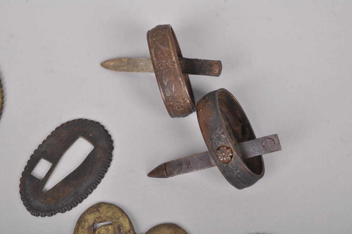 Japanese Tsuba, Seppa Spacers, Fuchi with Retaining Clip, and Wooden Box, photo 7 of 12