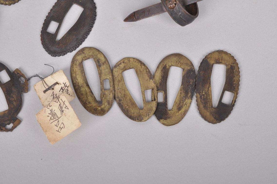 Japanese Tsuba, Seppa Spacers, Fuchi with Retaining Clip, and Wooden Box, photo 8 of 12