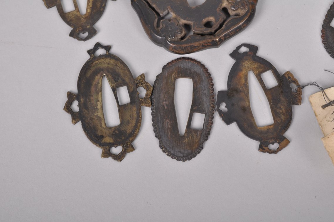 Japanese Tsuba, Seppa Spacers, Fuchi with Retaining Clip, and Wooden Box, photo 10 of 12