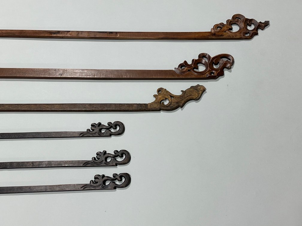 Six Carved Wooden Scroll Textile Hangers, photo 2 of 8