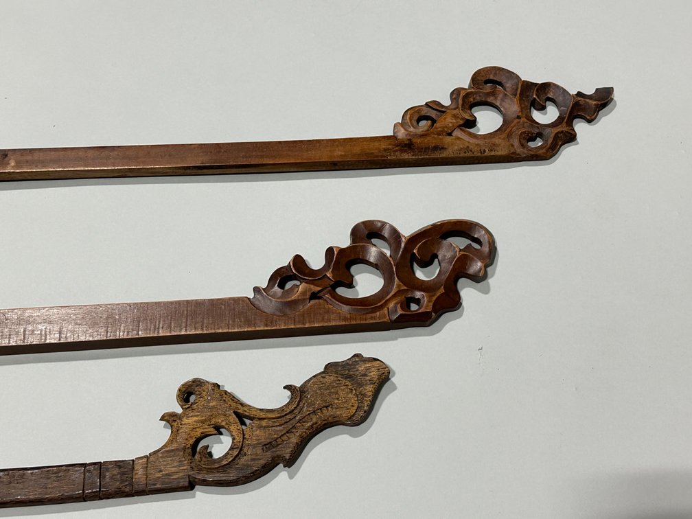 Six Carved Wooden Scroll Textile Hangers, photo 8 of 8