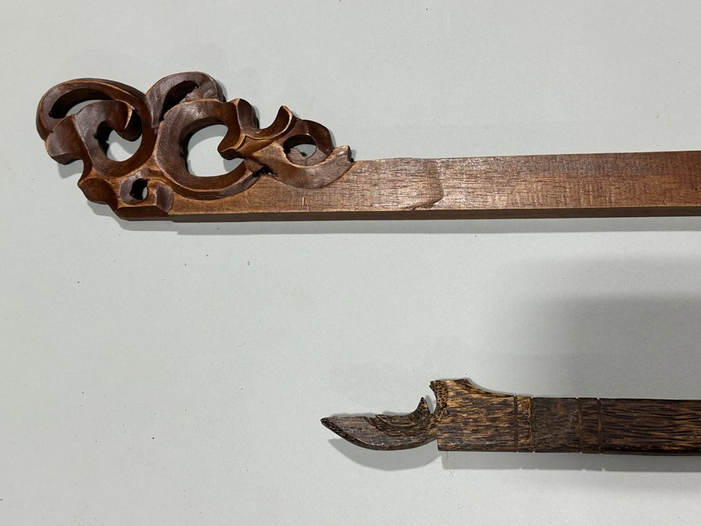 Six Carved Wooden Scroll Textile Hangers, photo 6 of 8