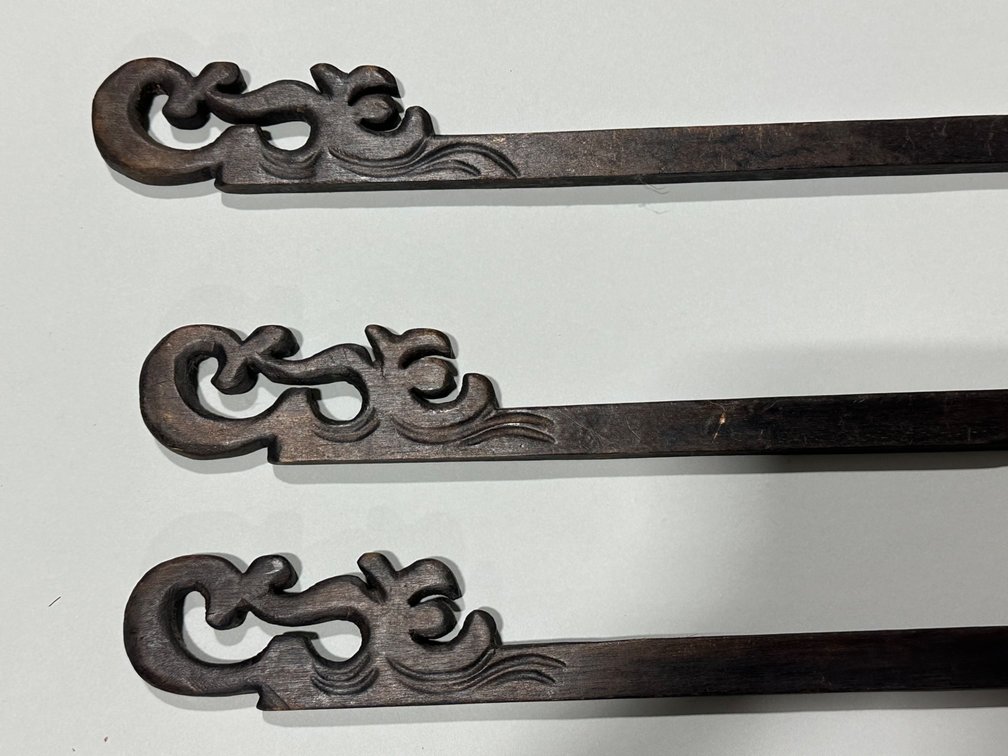 Six Carved Wooden Scroll Textile Hangers, photo 5 of 8