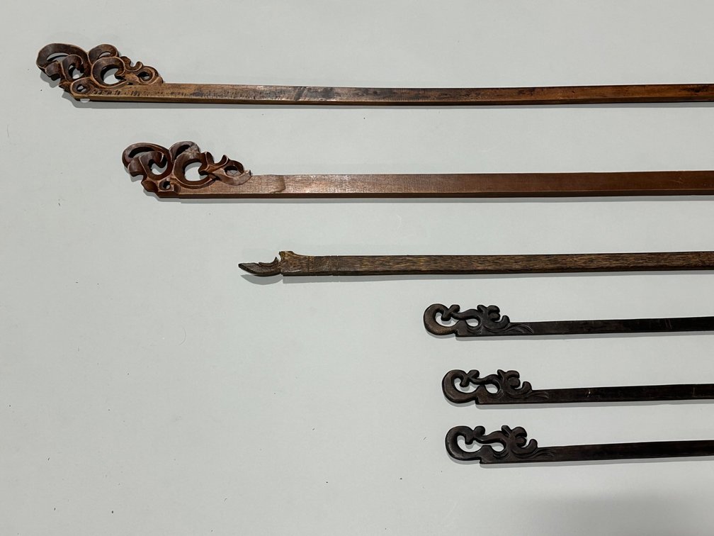 Six Carved Wooden Scroll Textile Hangers, photo 3 of 8