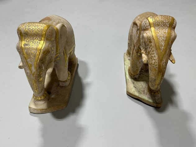 Hand Carved and Gold Paint Marble Elephants, India