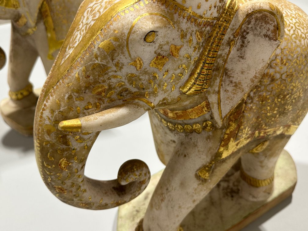 Hand Carved and Gold Paint Marble Elephants, India, photo 6 of 16
