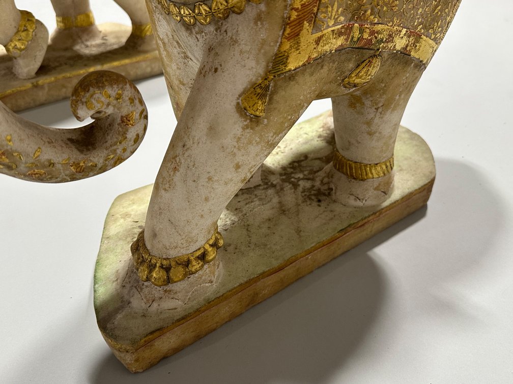 Hand Carved and Gold Paint Marble Elephants, India, photo 4 of 16