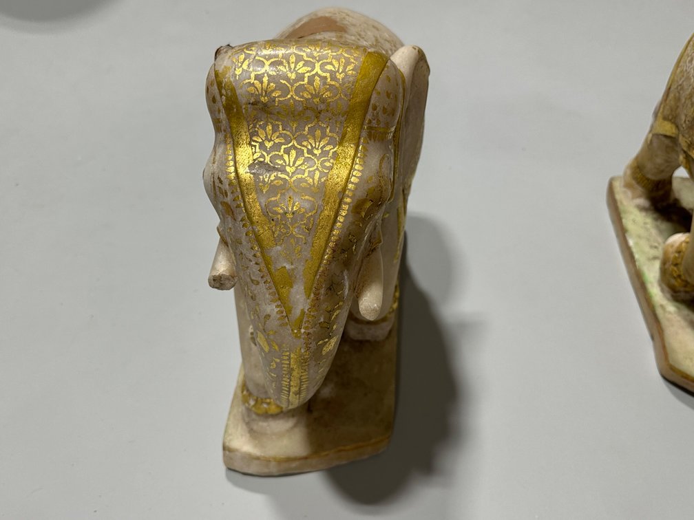 Hand Carved and Gold Paint Marble Elephants, India, photo 3 of 16