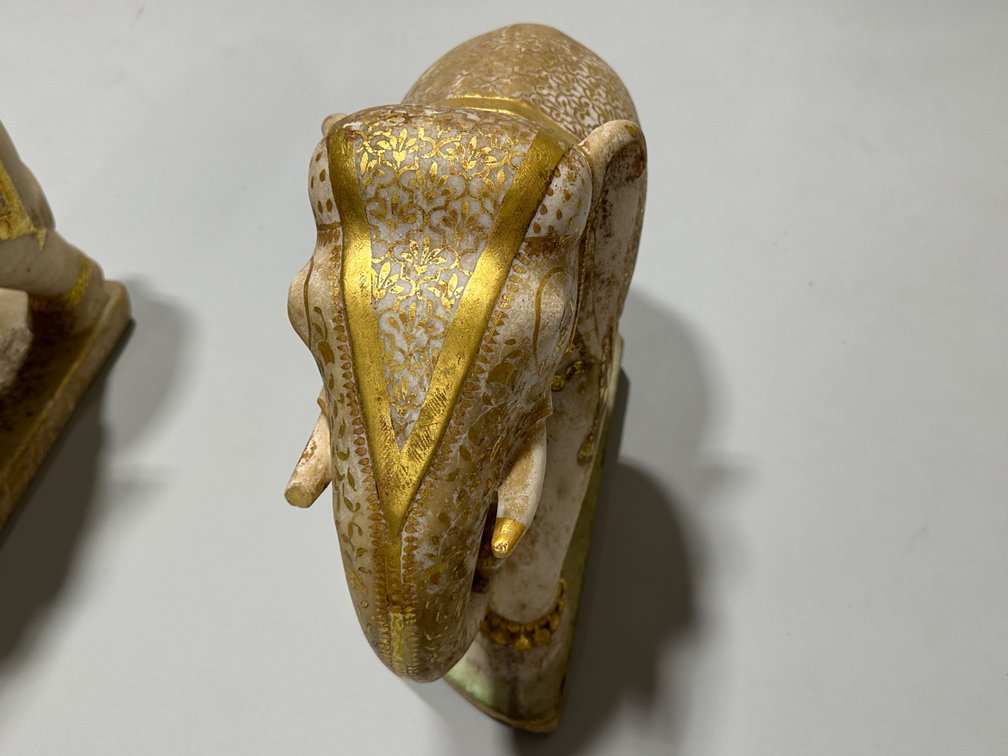 Hand Carved and Gold Paint Marble Elephants, India, photo 2 of 16