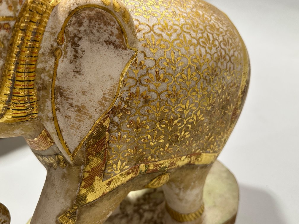 Hand Carved and Gold Paint Marble Elephants, India, photo 5 of 16