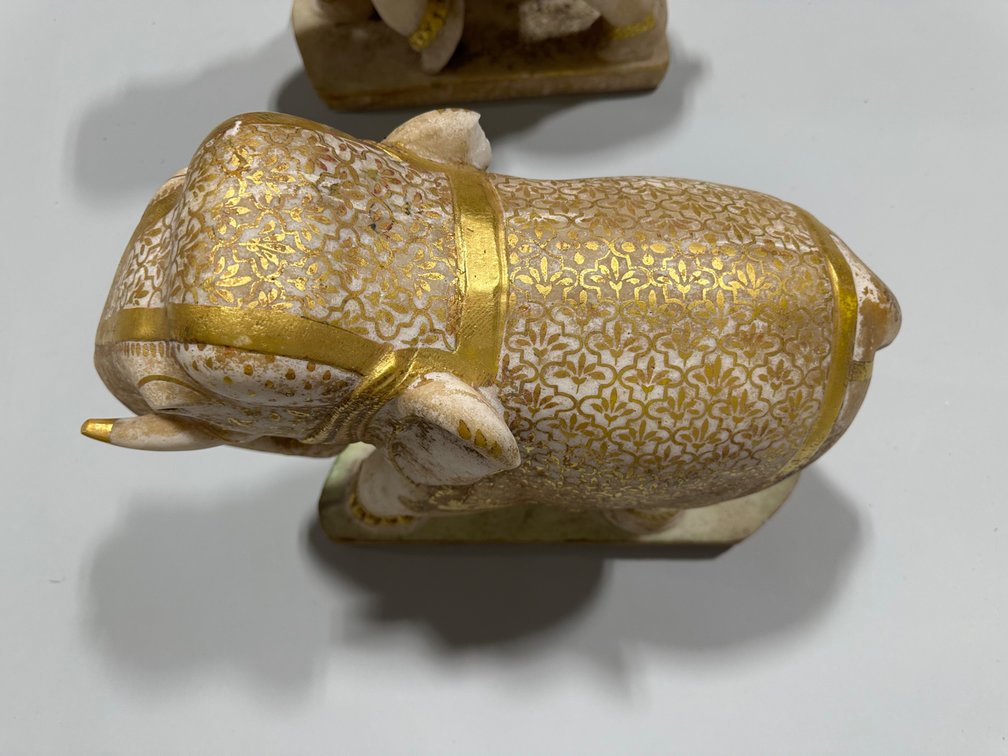 Hand Carved and Gold Paint Marble Elephants, India, photo 13 of 16