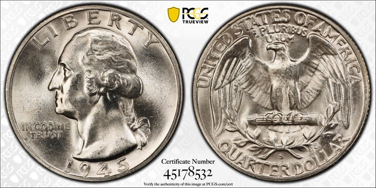 1945 S Washington Quarter Graded MS66 by PCGS
