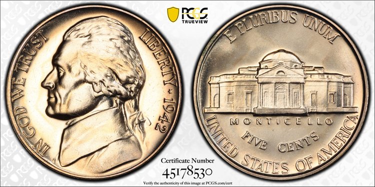 1942 Proof Jefferson Nickel T1 Graded PR67 by PCGS