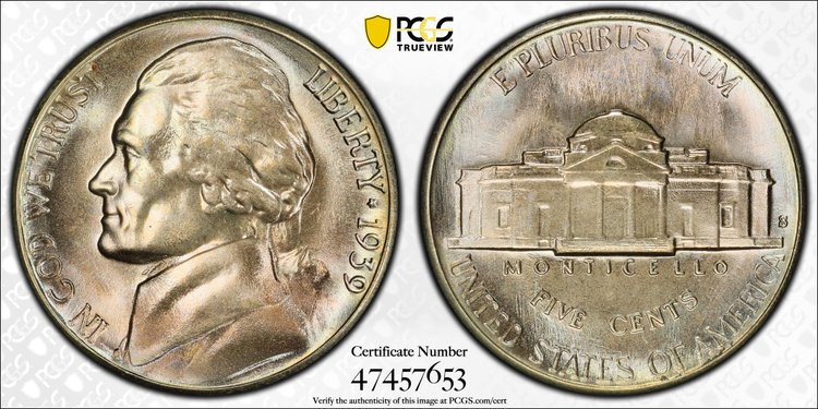 1939S Rev of 38 Jefferson Nickel Graded MS67 by PCGS