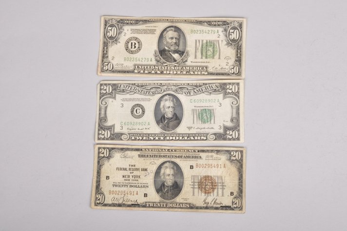 Assorted Vintage Twenty Dollar and Fifty Dollar Banknotes