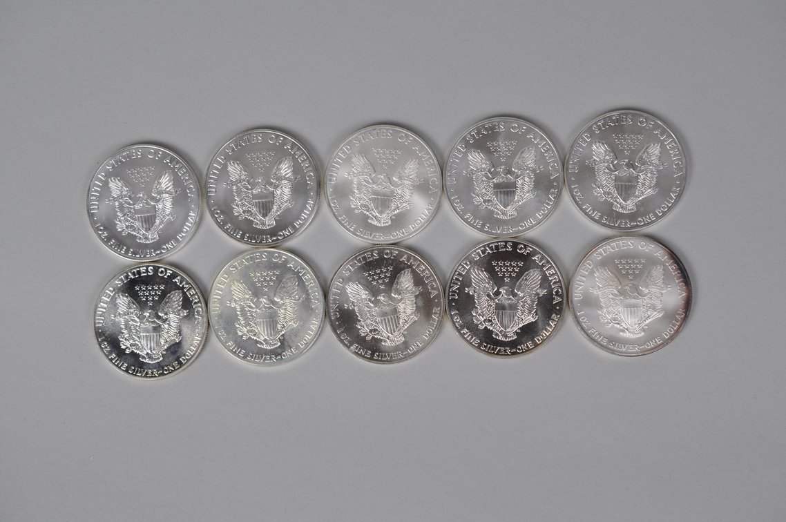 Ten American Silver Eagles, photo 7 of 10
