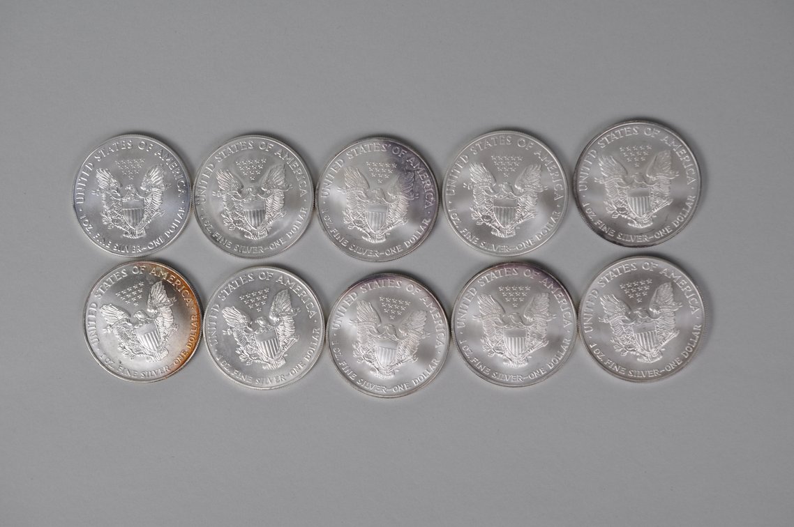 Ten American Silver Eagles, photo 5 of 9