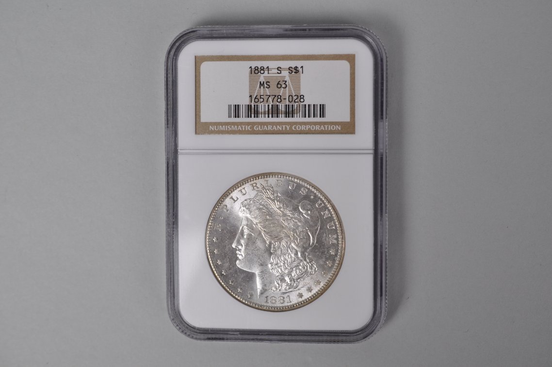 Graded and Slabbed Mint Condition 1881 Morgan Silver Dollar, photo 3 of 5