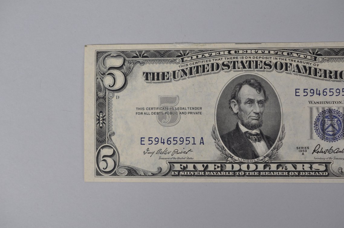 Silver Certificate 1953 A Blue Seal $5, photo 2 of 3