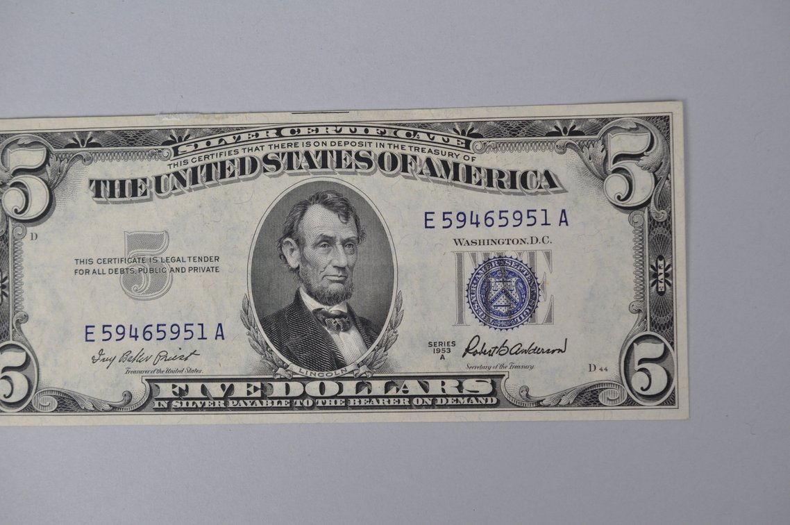 Silver Certificate 1953 A Blue Seal $5, photo 3 of 3