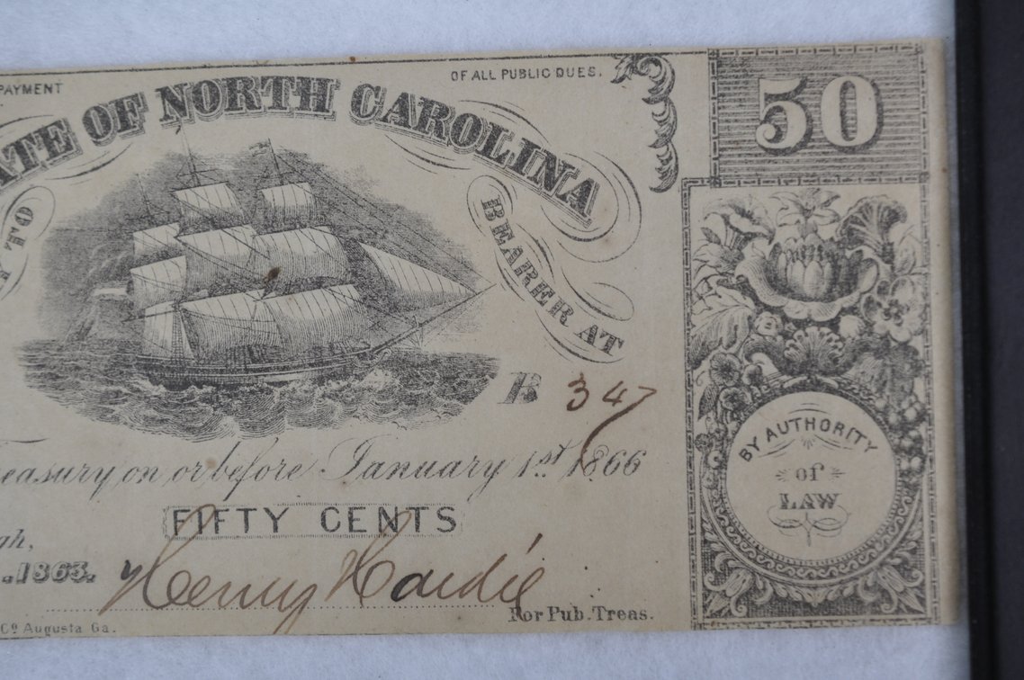 State of North Carolina Fify Cents Banknote Civil War Era, photo 4 of 6