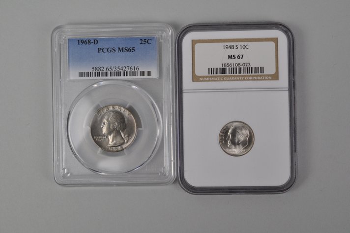 1948S Roosevelt Dime MS67 NGC, 1968D Washington Quarter PCGS MS65
