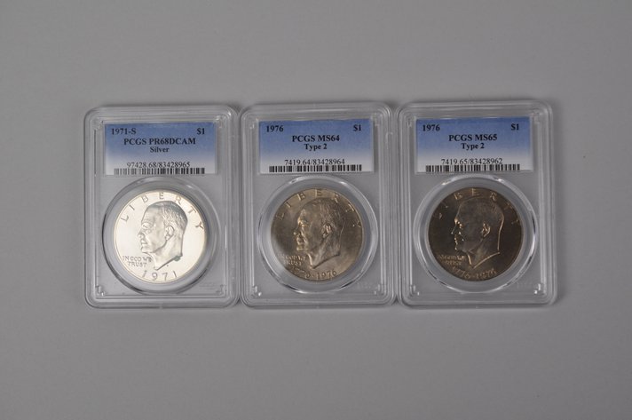1971 Ike PR68DCAM Silver PCGS, 1976 Ike MS64 Tp2 PCGS, 1976 Ike MS65 Tp2 PCGS