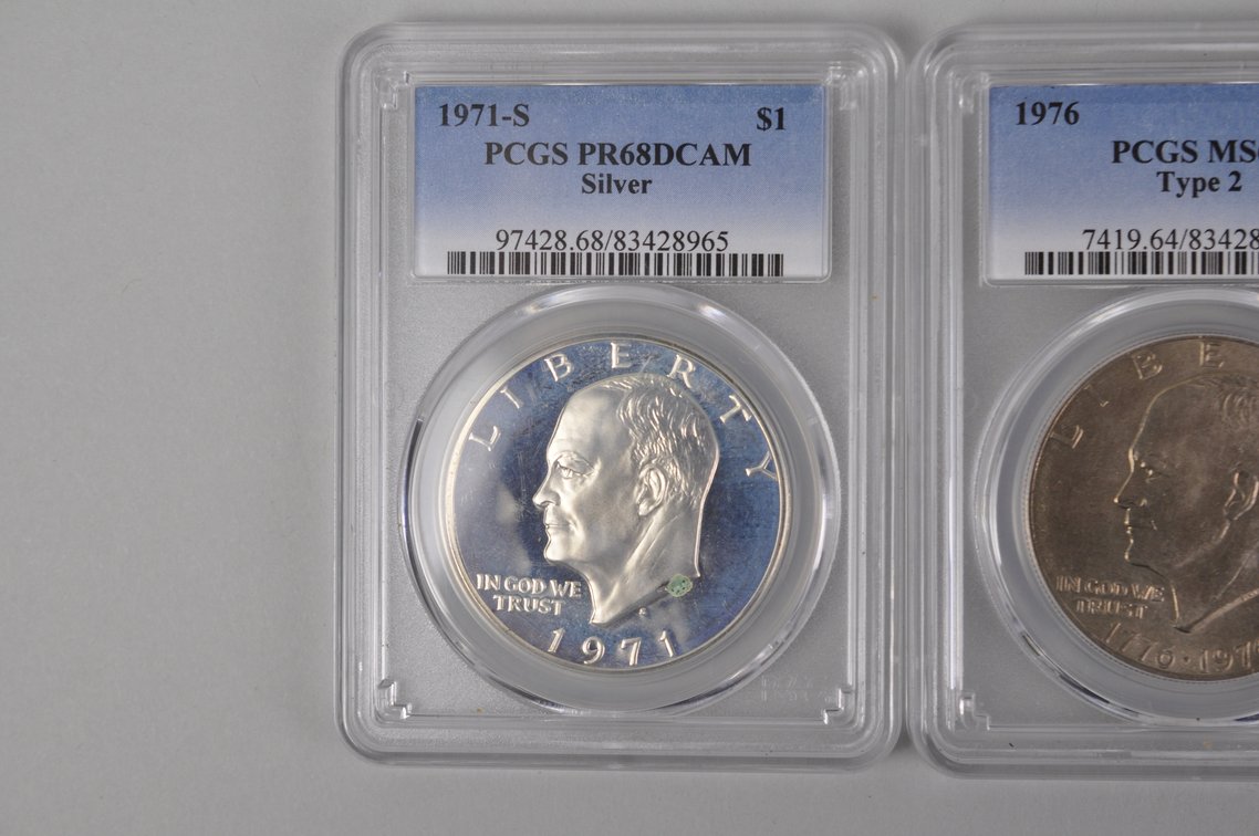 1971 Ike PR68DCAM Silver PCGS, 1976 Ike MS64 Tp2 PCGS, 1976 Ike MS65 Tp2 PCGS, photo 2 of 11