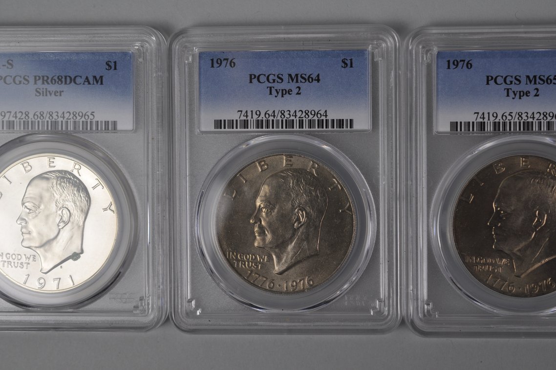1971 Ike PR68DCAM Silver PCGS, 1976 Ike MS64 Tp2 PCGS, 1976 Ike MS65 Tp2 PCGS, photo 4 of 11