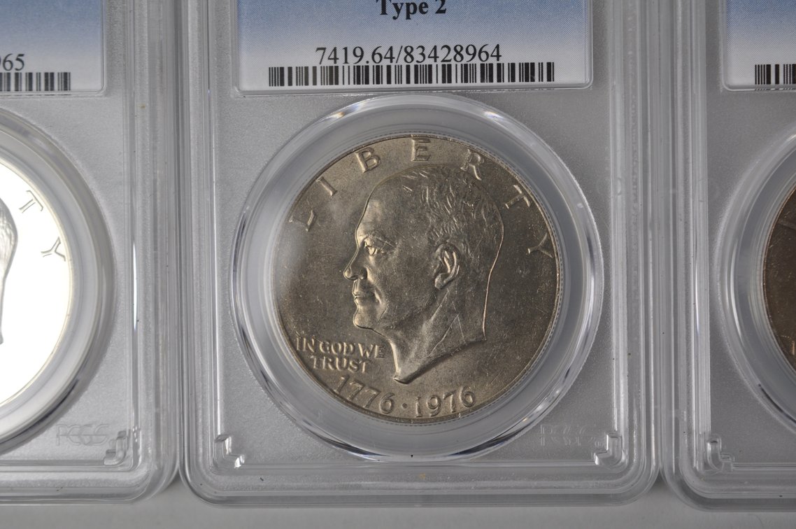1971 Ike PR68DCAM Silver PCGS, 1976 Ike MS64 Tp2 PCGS, 1976 Ike MS65 Tp2 PCGS, photo 5 of 11