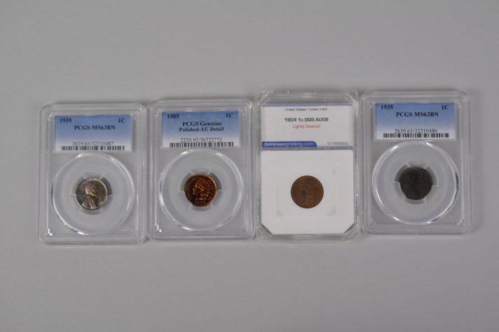 1935 1C PCGS MS63BN, 1904 1C DGS AU58, 1905 1C PCGS Gen. AU Detail Pol, 1935 1C PCGS MS63BN