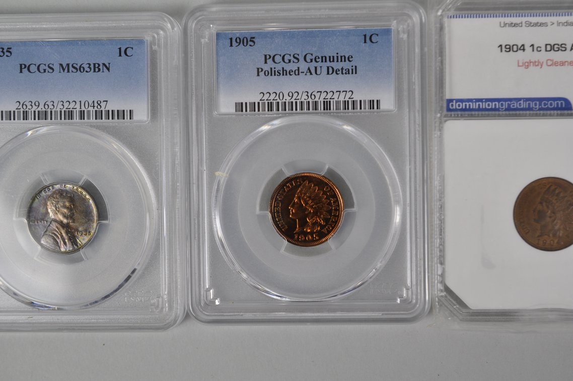 1935 1C PCGS MS63BN, 1904 1C DGS AU58, 1905 1C PCGS Gen. AU Detail Pol, 1935 1C PCGS MS63BN, photo 4 of 14