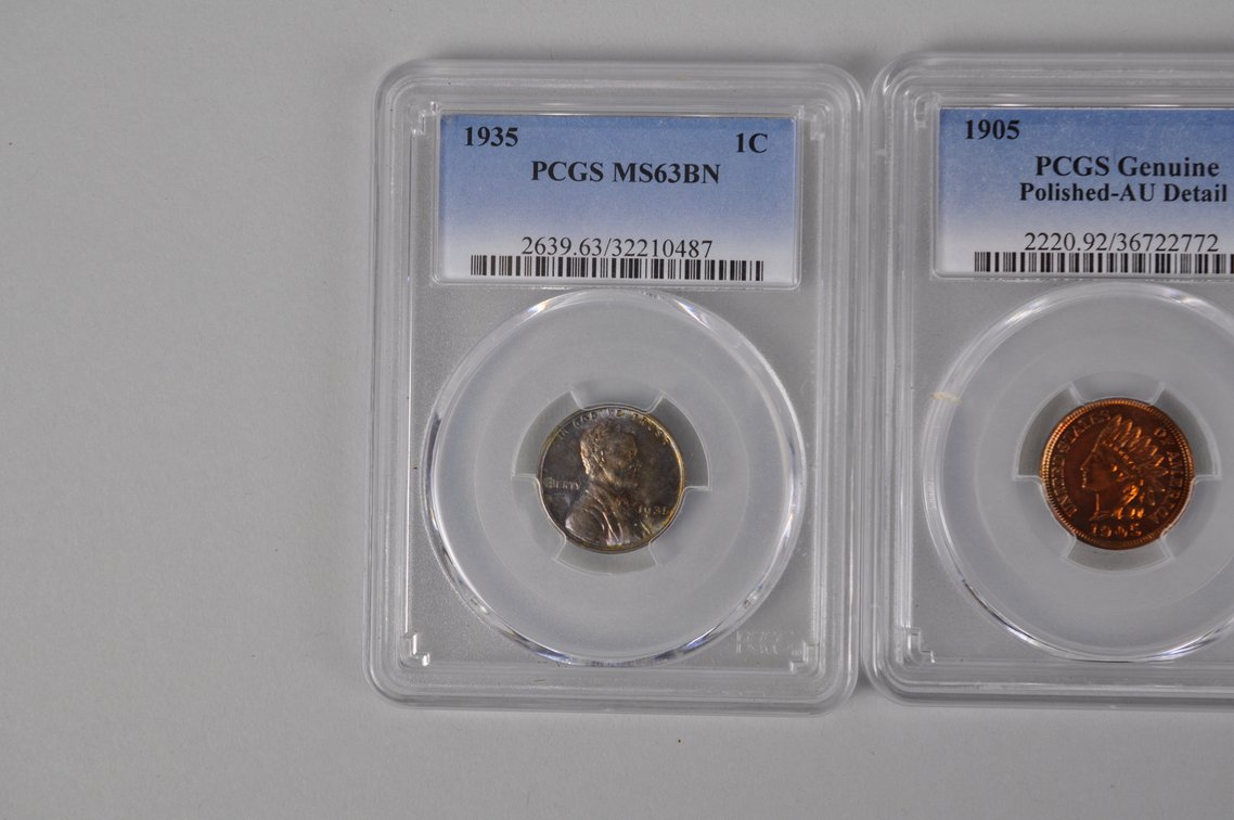 1935 1C PCGS MS63BN, 1904 1C DGS AU58, 1905 1C PCGS Gen. AU Detail Pol, 1935 1C PCGS MS63BN, photo 2 of 14
