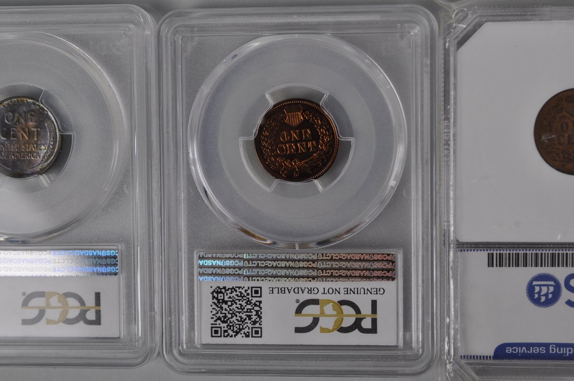 1935 1C PCGS MS63BN, 1904 1C DGS AU58, 1905 1C PCGS Gen. AU Detail Pol, 1935 1C PCGS MS63BN, photo 12 of 14