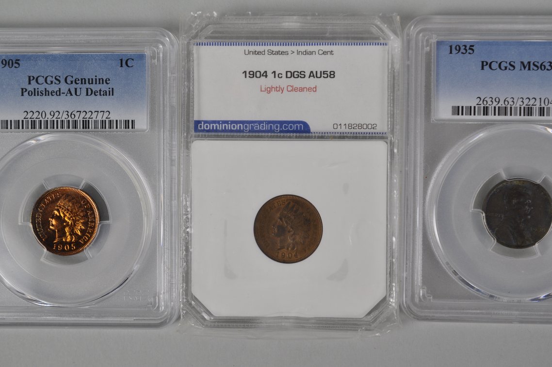 1935 1C PCGS MS63BN, 1904 1C DGS AU58, 1905 1C PCGS Gen. AU Detail Pol, 1935 1C PCGS MS63BN, photo 6 of 14