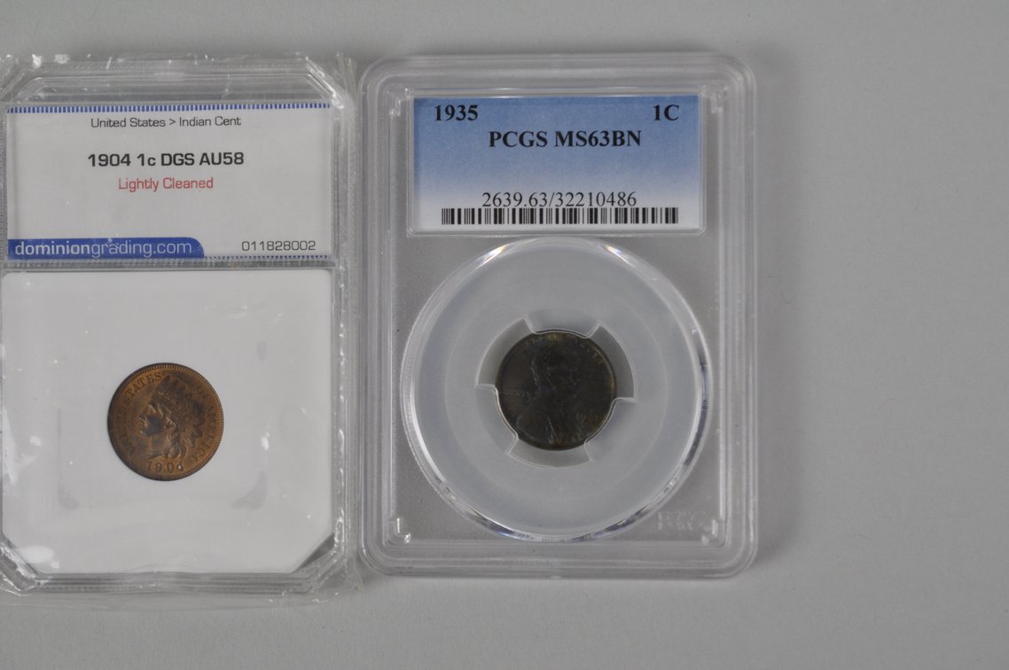 1935 1C PCGS MS63BN, 1904 1C DGS AU58, 1905 1C PCGS Gen. AU Detail Pol, 1935 1C PCGS MS63BN, photo 8 of 14