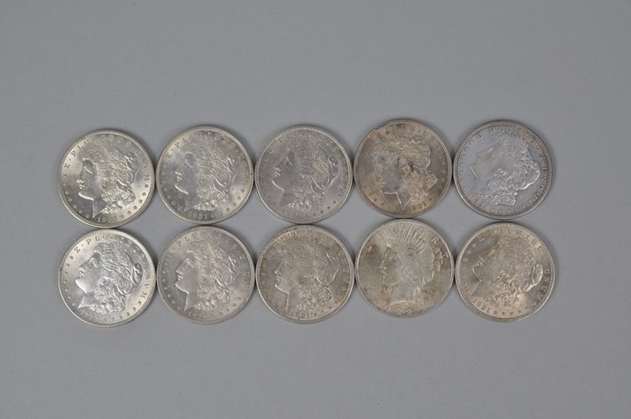Nine 1921 and One 1922 Silver Morgan and Peace Dollars