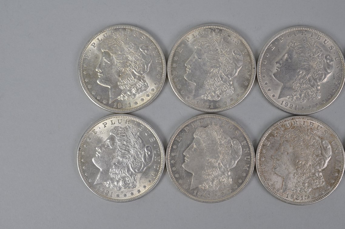 Nine 1921 and One 1922 Silver Morgan and Peace Dollars, photo 2 of 8