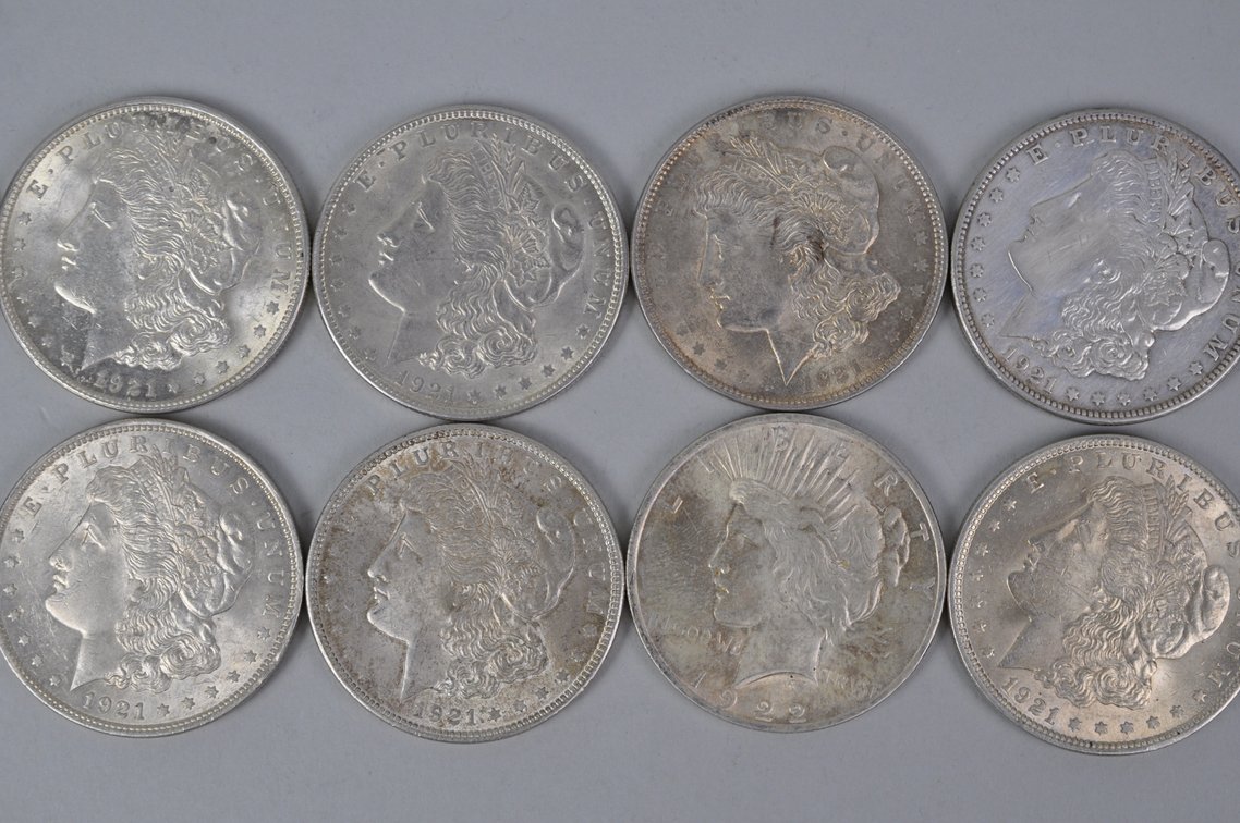 Nine 1921 and One 1922 Silver Morgan and Peace Dollars, photo 3 of 8