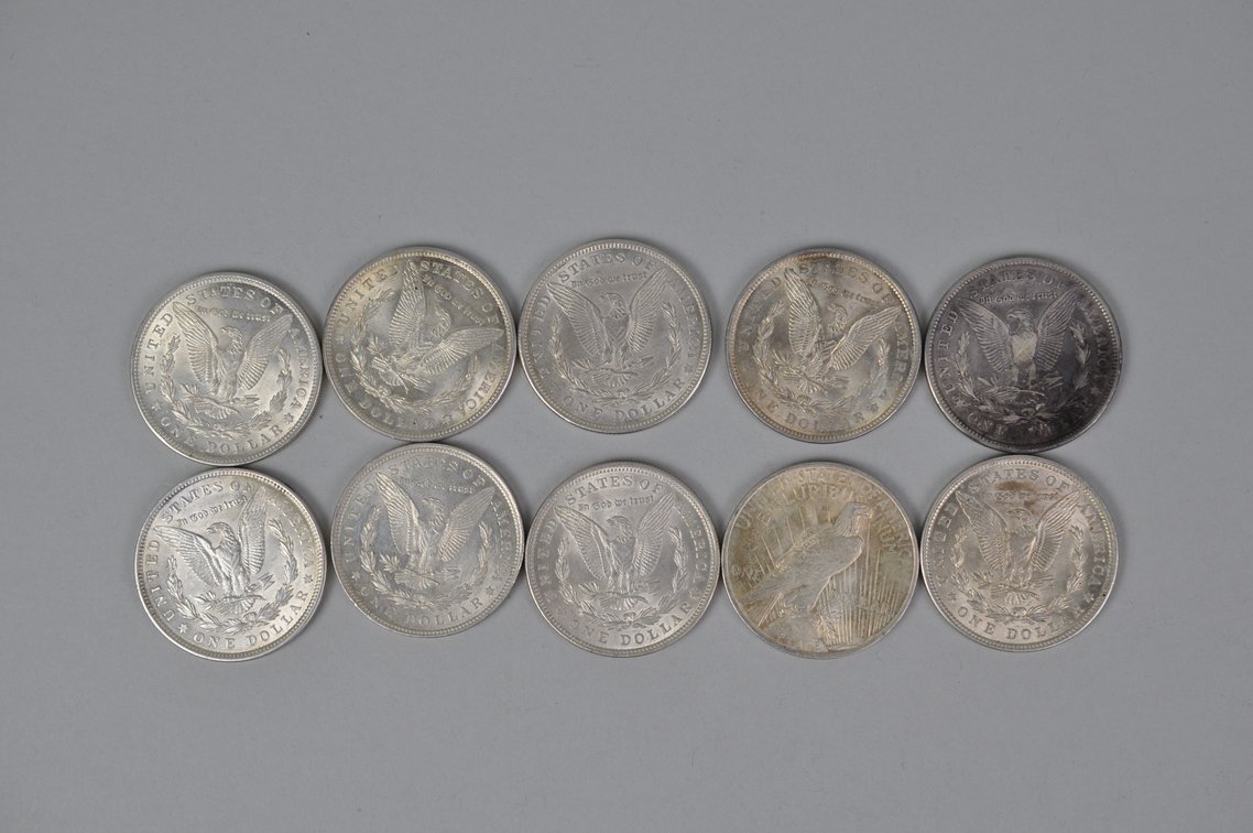 Nine 1921 and One 1922 Silver Morgan and Peace Dollars, photo 5 of 8
