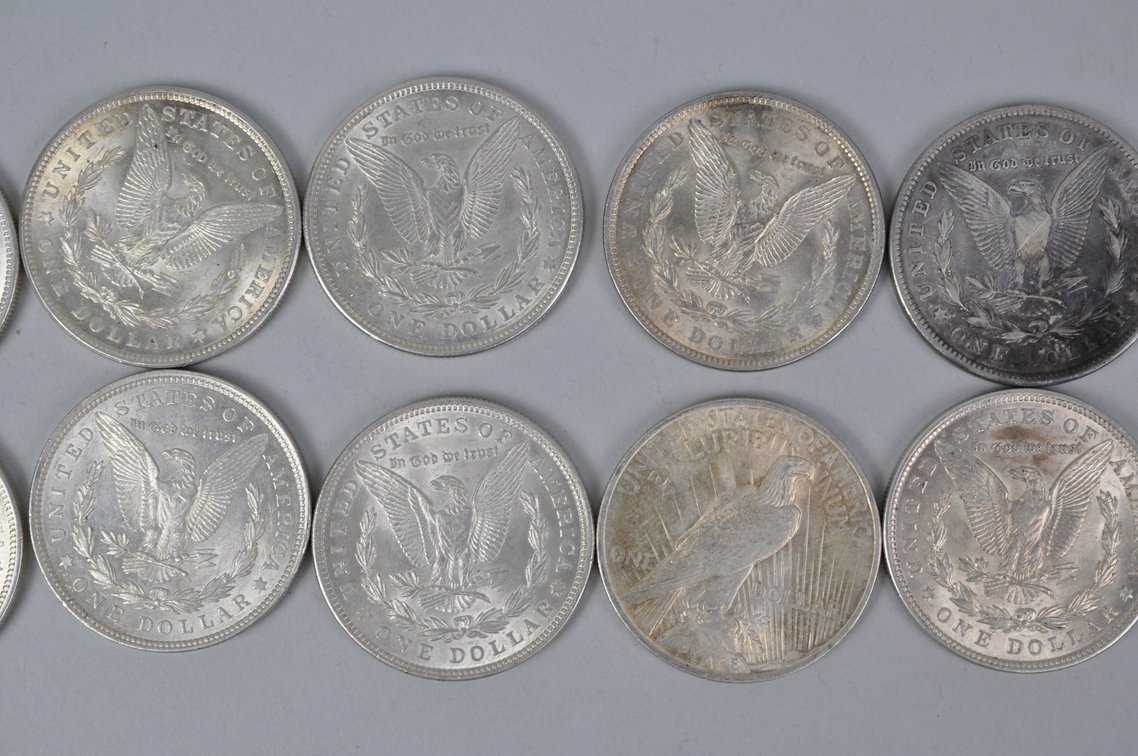Nine 1921 and One 1922 Silver Morgan and Peace Dollars, photo 7 of 8