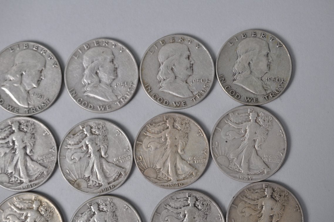 1945-1947 Walking Liberty , 1950-1951 Franklin US Silver Half Dollars, photo 3 of 11