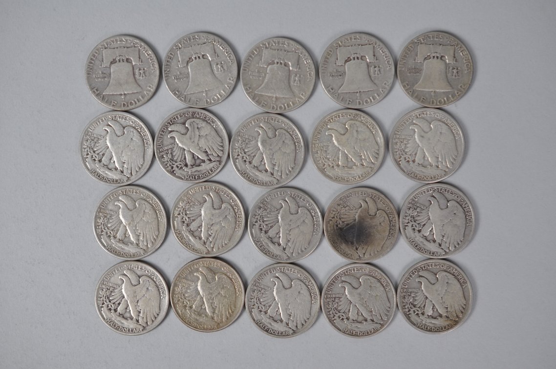 1945-1947 Walking Liberty , 1950-1951 Franklin US Silver Half Dollars, photo 6 of 11