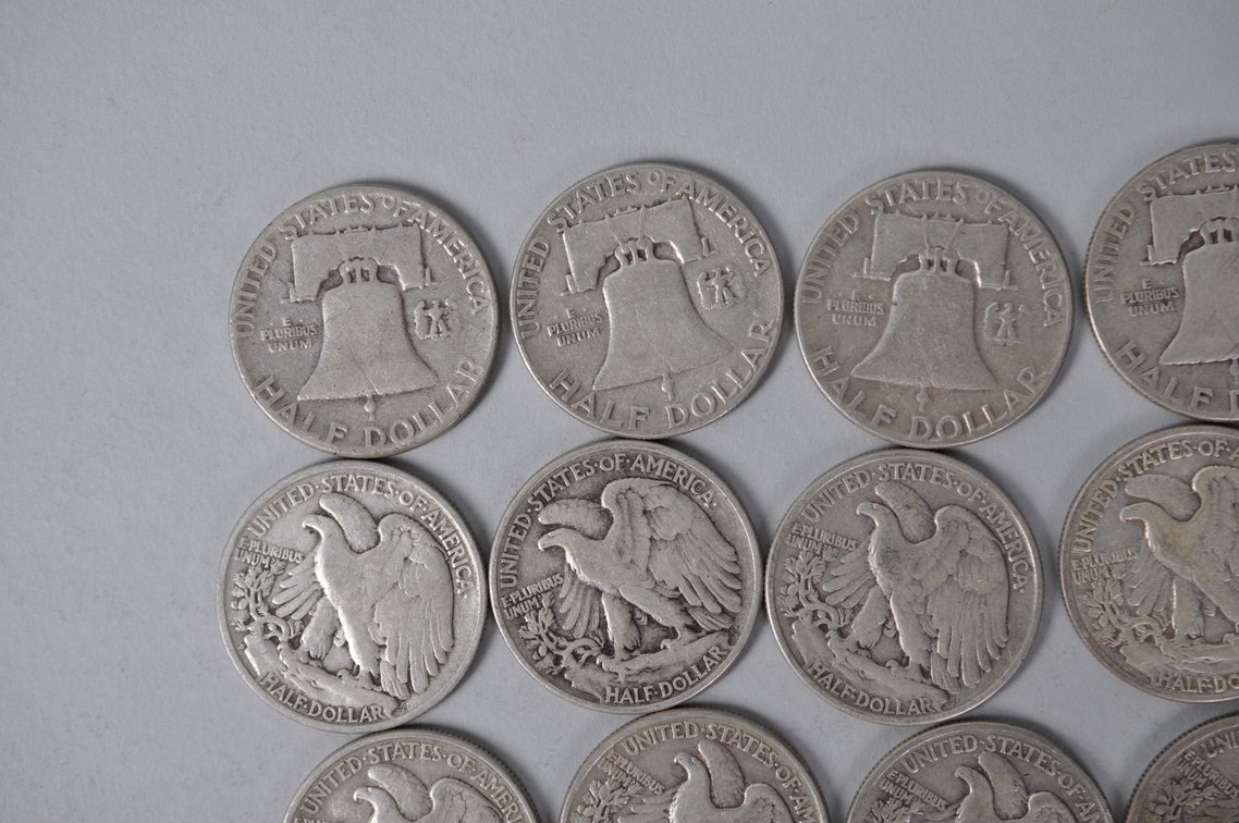 1945-1947 Walking Liberty , 1950-1951 Franklin US Silver Half Dollars, photo 7 of 11