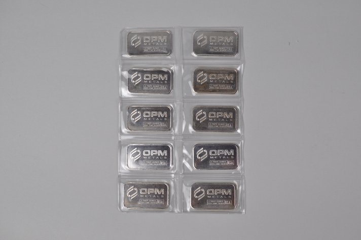 OPM Metals Ten 1 ozt. .999 Fine Silver Bars in Plastic