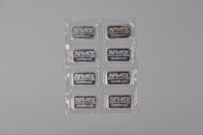 Eight American Precious Metals Exchange 1 Tray Ozt Fine Silver Bars
