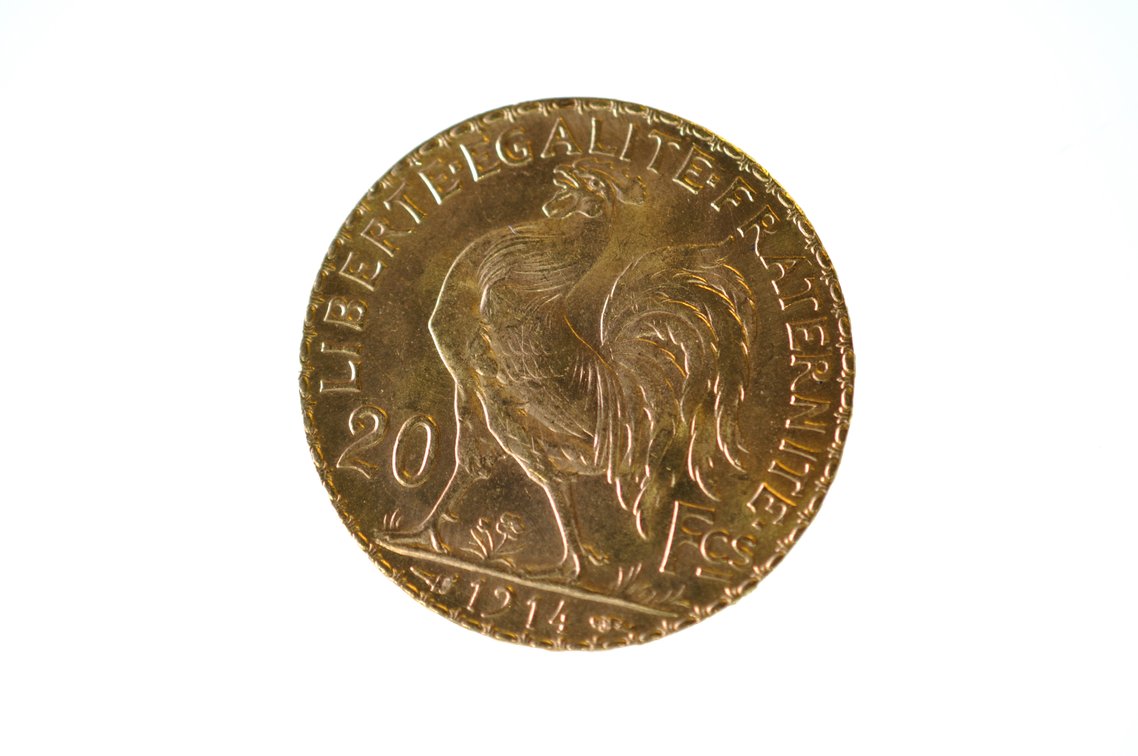 1914 Marianne Rooster Twenty Francs Gold Coin, photo 2 of 3