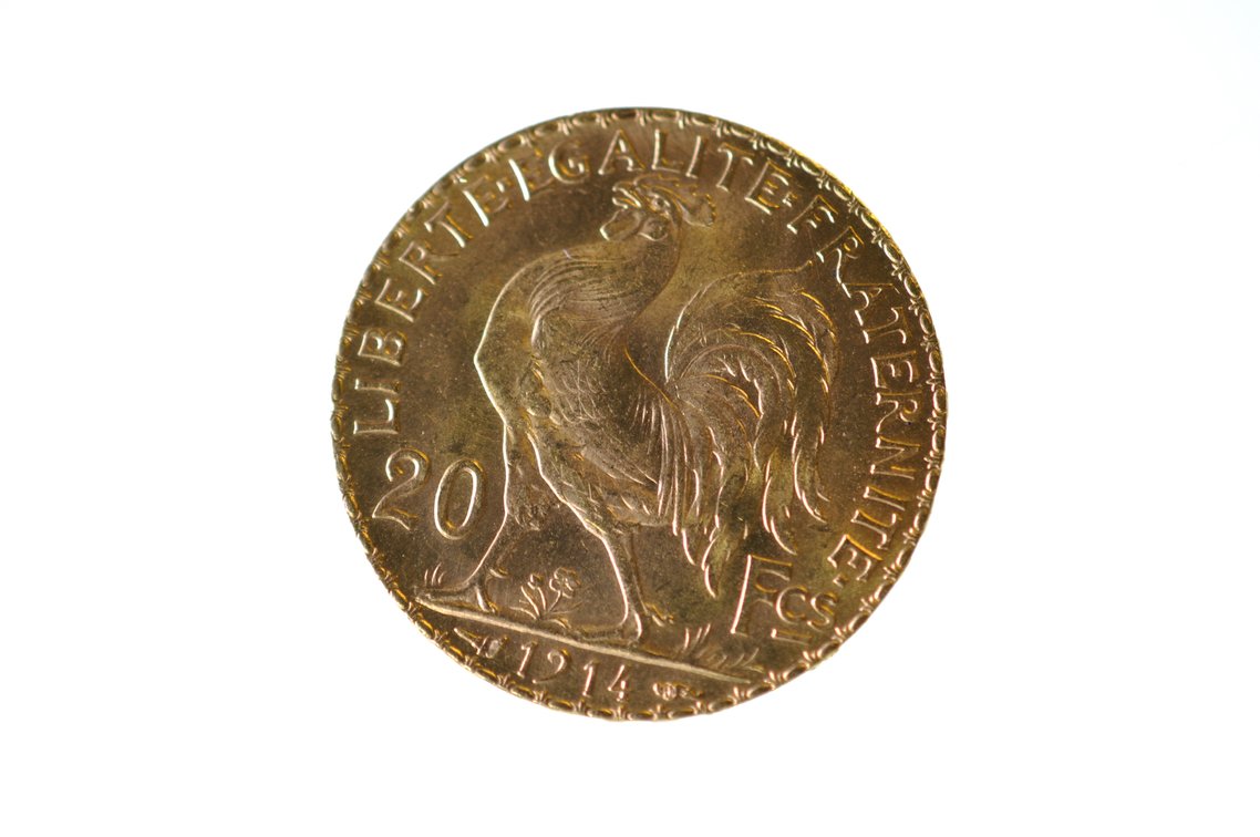 1914 Marianne Rooster Twenty Francs Gold Coin, photo 3 of 3